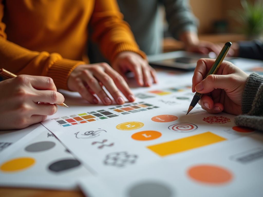 Two people collaborating on a graphic design project with color swatches and logo drafts on table.