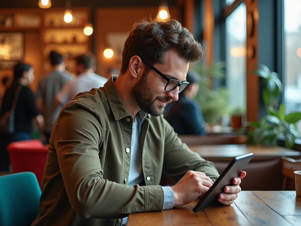 Man in glasses using a tablet in a bustling cafe.