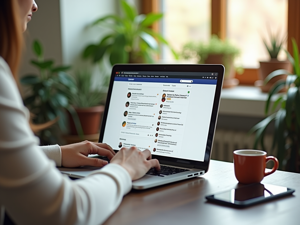 Woman using laptop displaying social media feed, with a red mug on desk by sunny window.