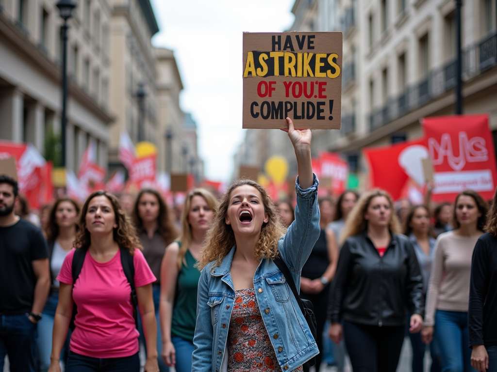 Woman leads protest holding sign "HAVE A STRIKES OF YOU. COMPLIDE!" among a crowd.