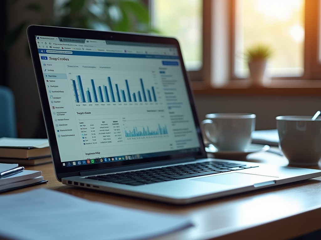 Laptop on a desk displaying graphs and data analysis, cups and a window in the background.