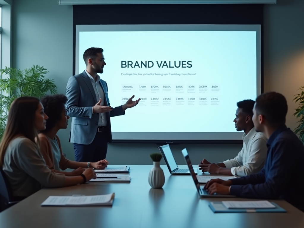 Businessman presenting 'Brand Values' to colleagues in a conference room.