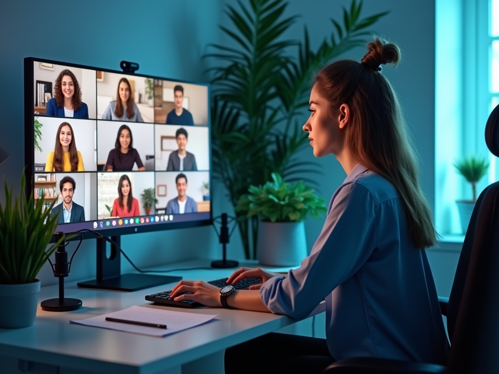 Woman participates in a virtual meeting with nine other attendees on her computer screen.