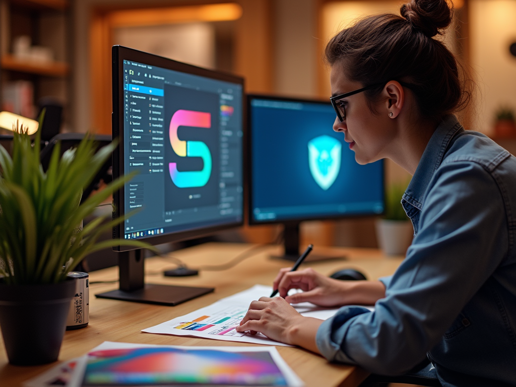 Woman graphic designer working with digital tablet in studio with dual monitors displaying graphics.