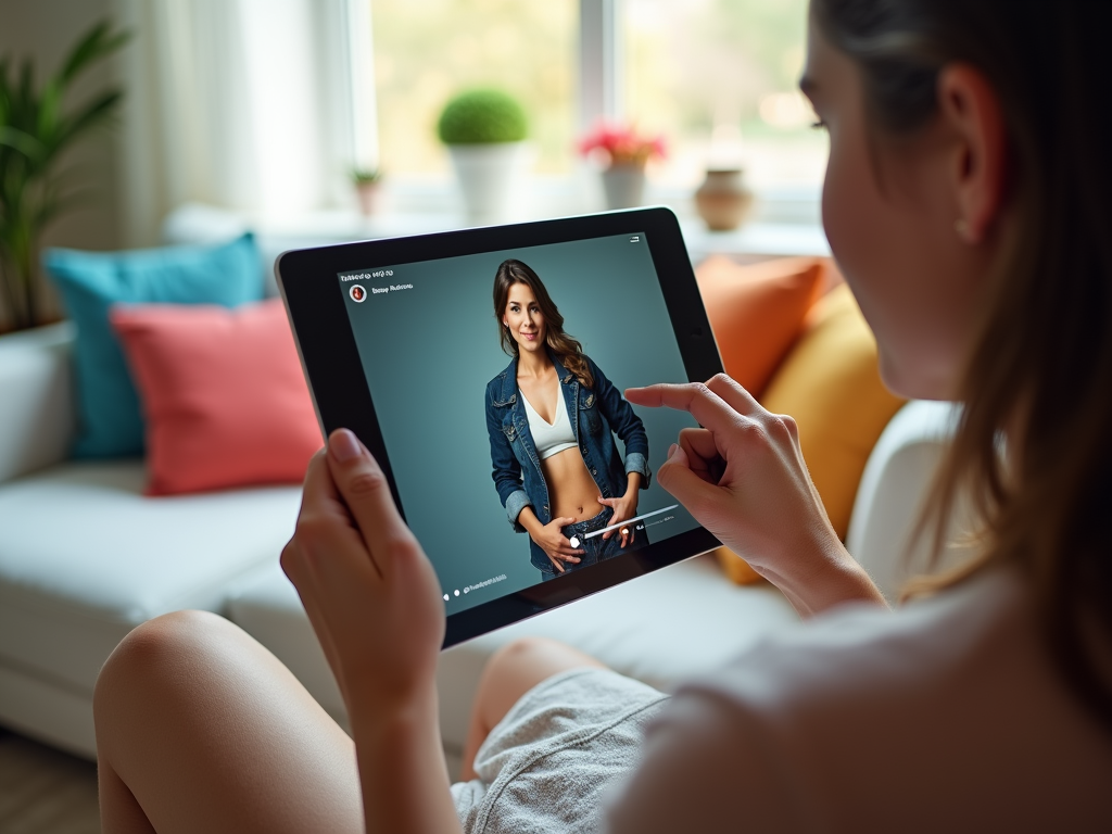 Woman on a tablet browsing a social media profile of a smiling woman dressed in a denim jacket.