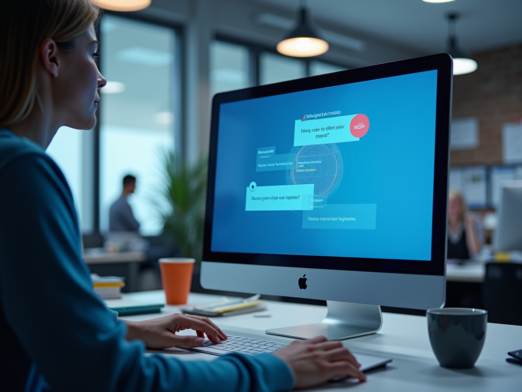 Woman working on an iMac displaying colorful diagrams in an office setting.