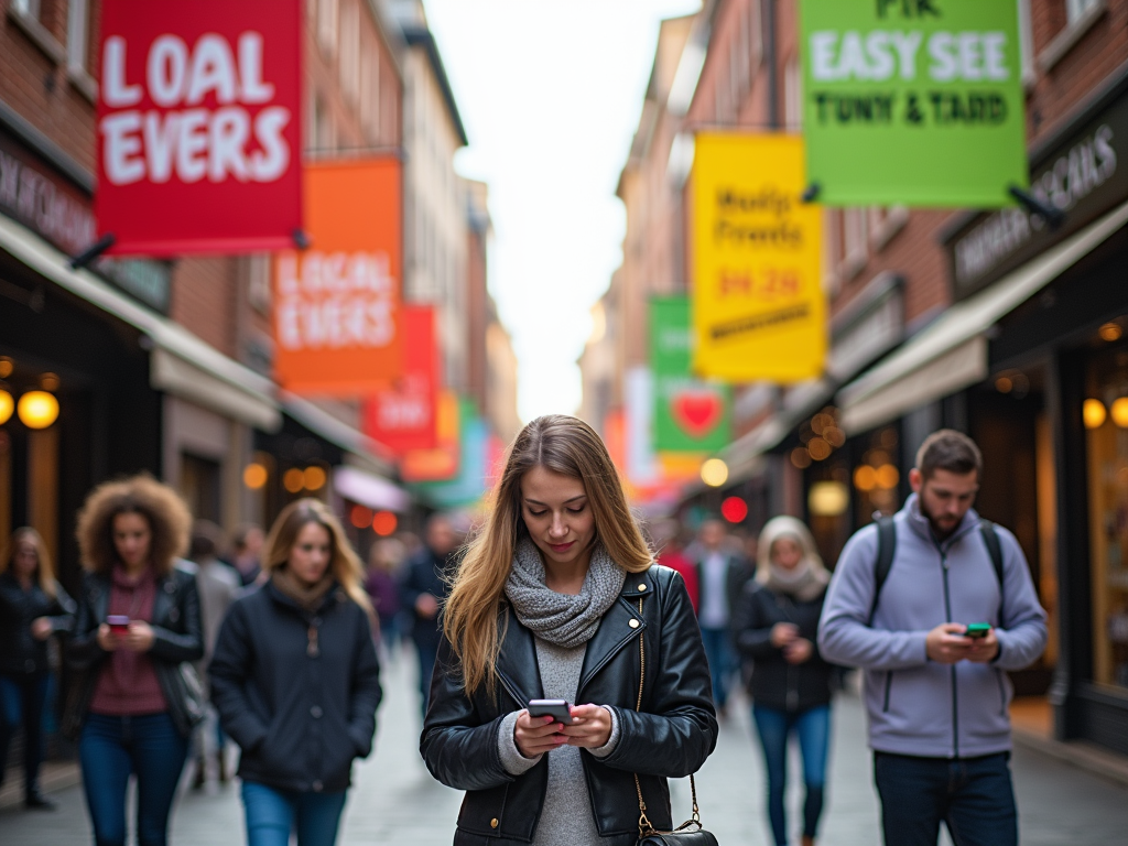 Young woman using smartphone on busy urban street with colorful banners and people in background.