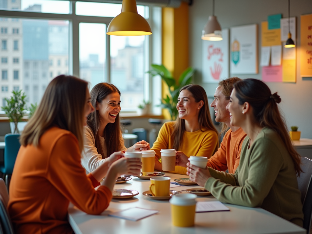 Five friends laughing and enjoying coffee together at a brightly lit café.