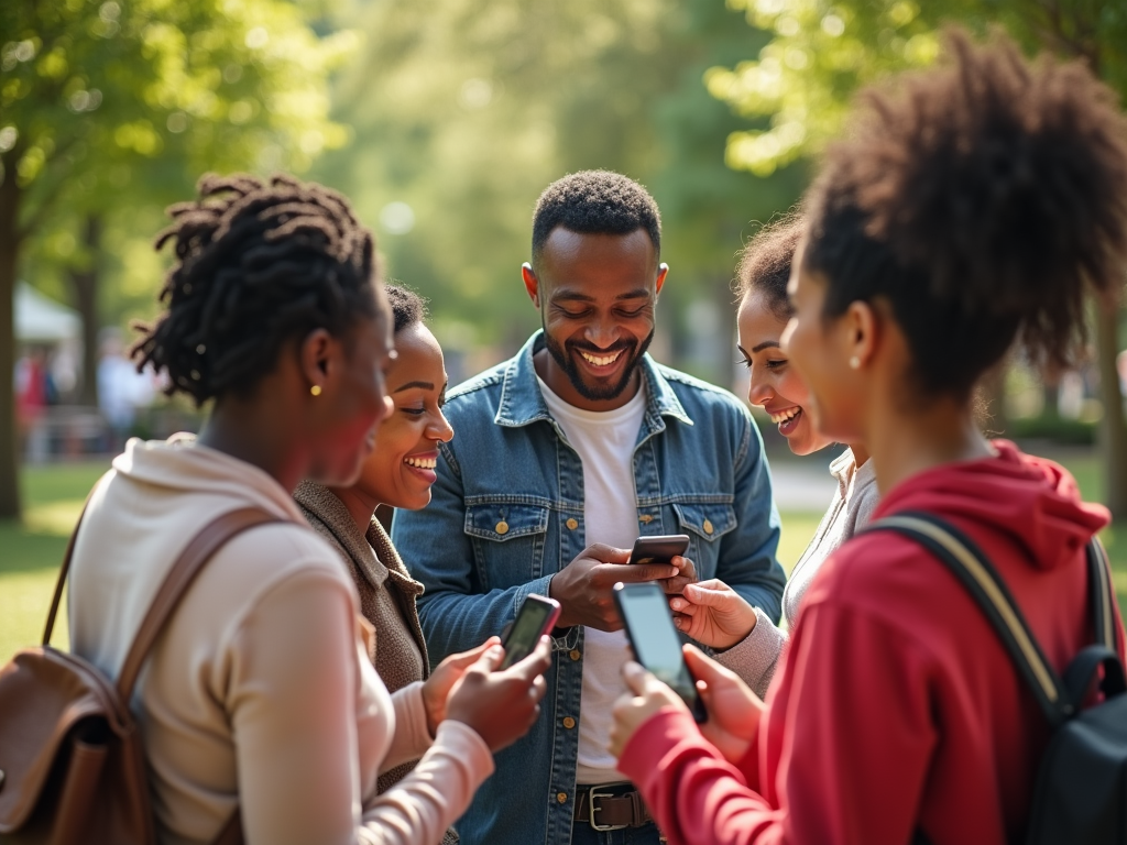 Group of five diverse friends laughing and looking at smartphones in a sunny park.