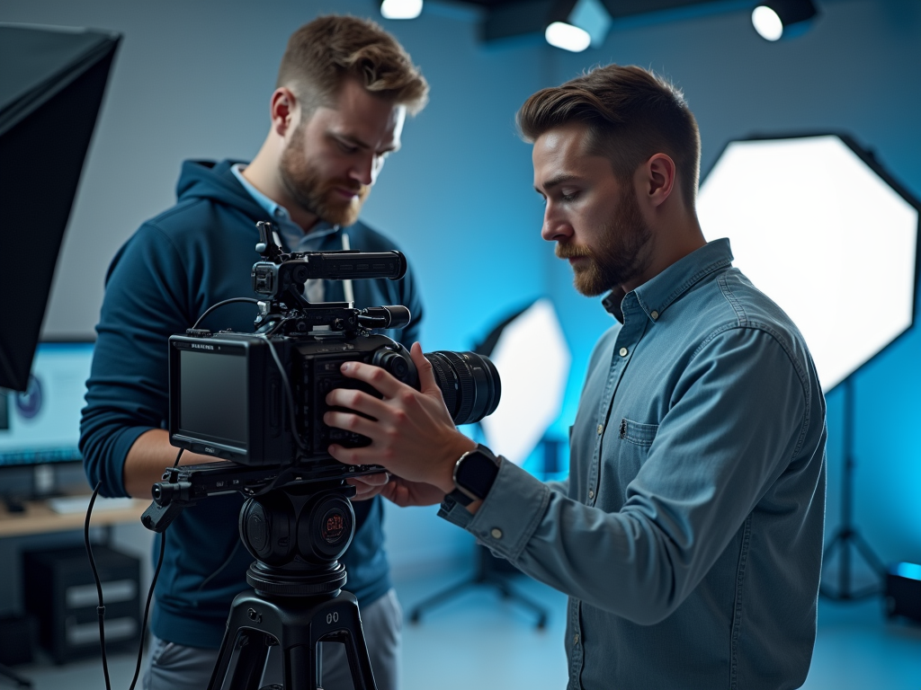 Two men setting up professional video equipment in a blue-lit studio.