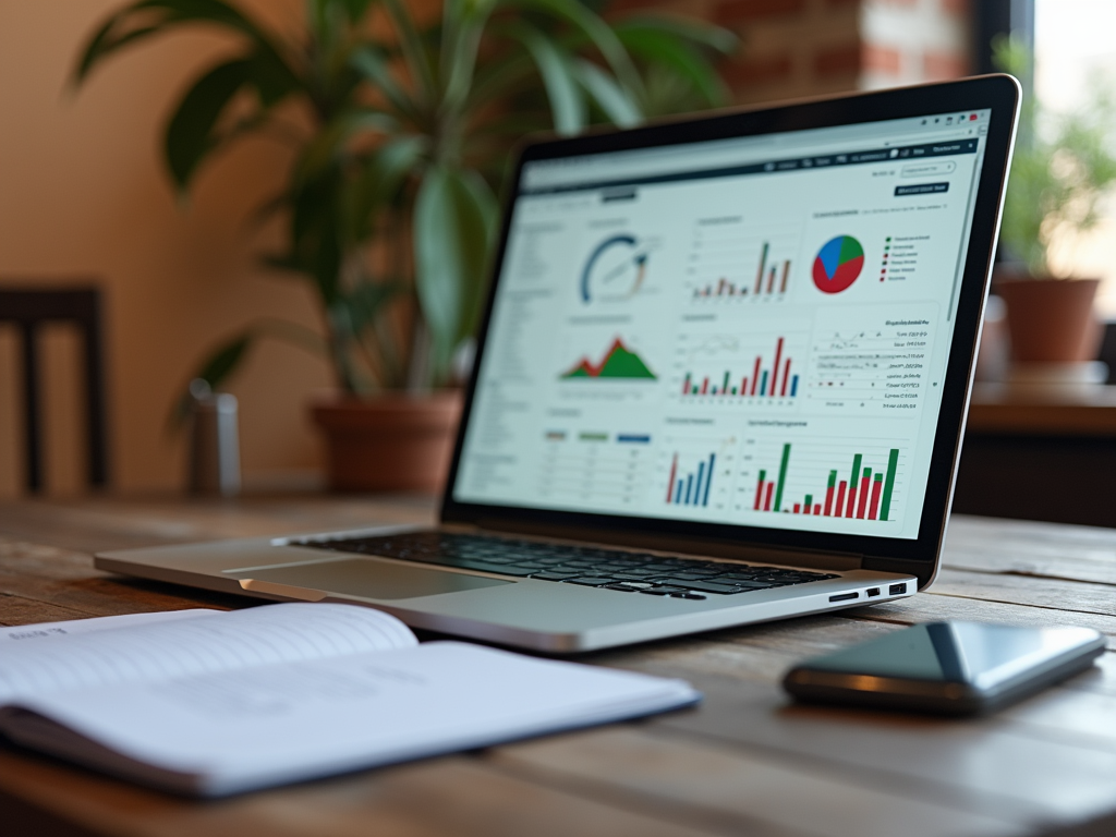 Laptop displaying finance charts on screen with notebook and smartphone on wooden table.