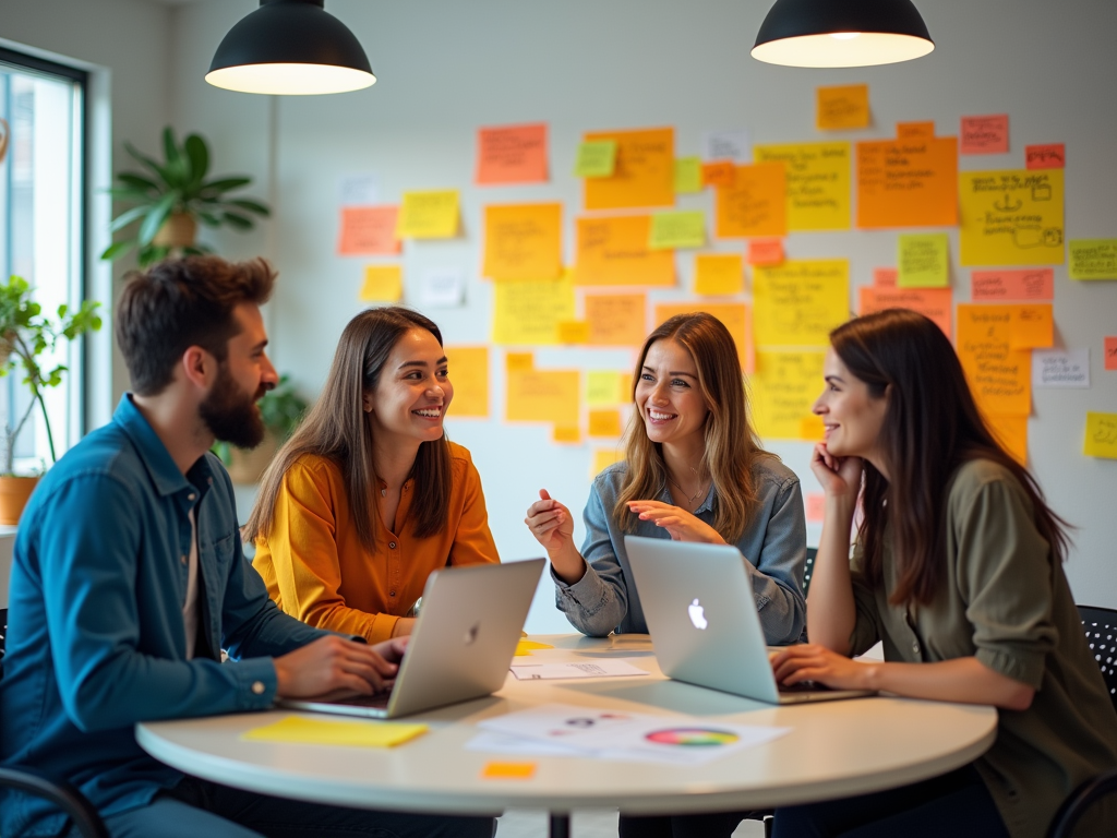 A group of four young adults are engaged in a lively discussion around a table with laptops and sticky notes.