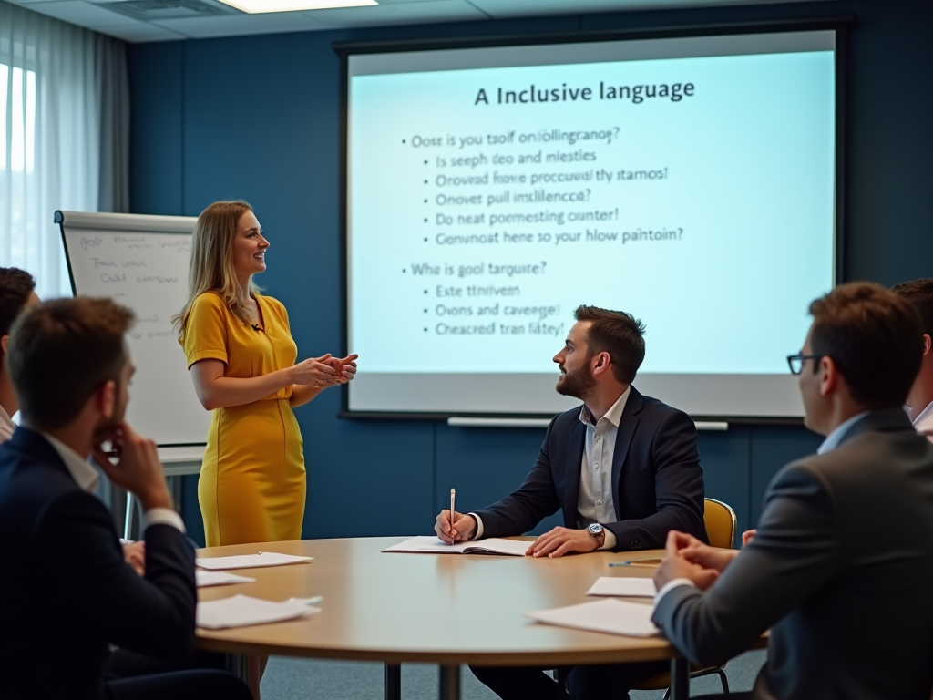 A group discusses inclusive language, with a presenter at the front displaying slides and attendees taking notes.