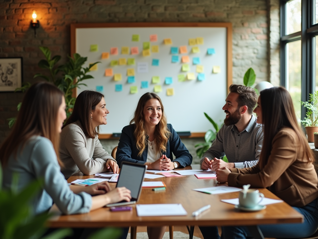 A group of six professionals sitting around a table, discussing ideas with a whiteboard full of colorful notes in the background.