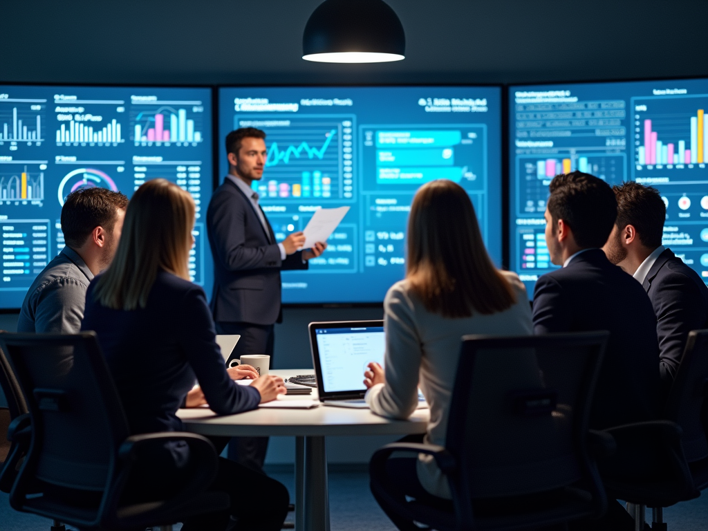 A business meeting in a high-tech room with six people discussing data displayed on large screens.