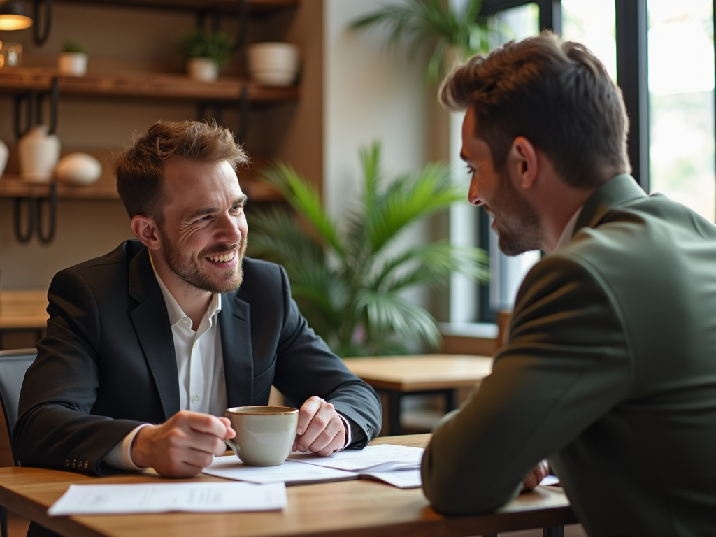 Two men in business attire are smiling and talking over coffee in a bright, modern café.