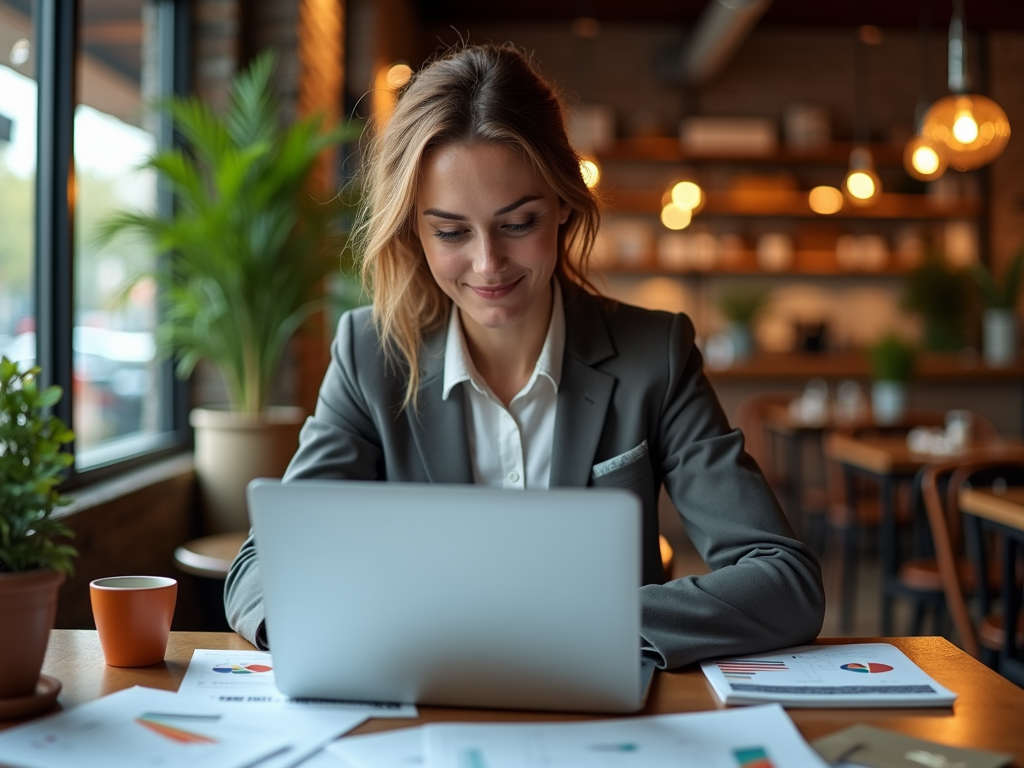 A woman in a suit smiles while working on a laptop at a cafe, papers and a coffee cup on the table.