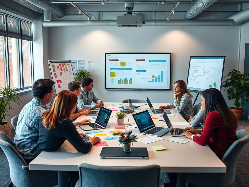 A diverse team in a modern conference room collaborates over laptops, discussing data displayed on screens.