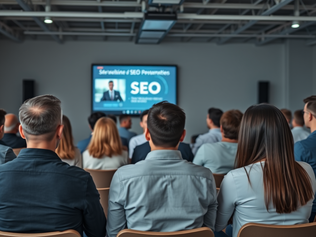 A group of attendees watches a presentation on SEO in a conference room, focused on a screen displaying information.