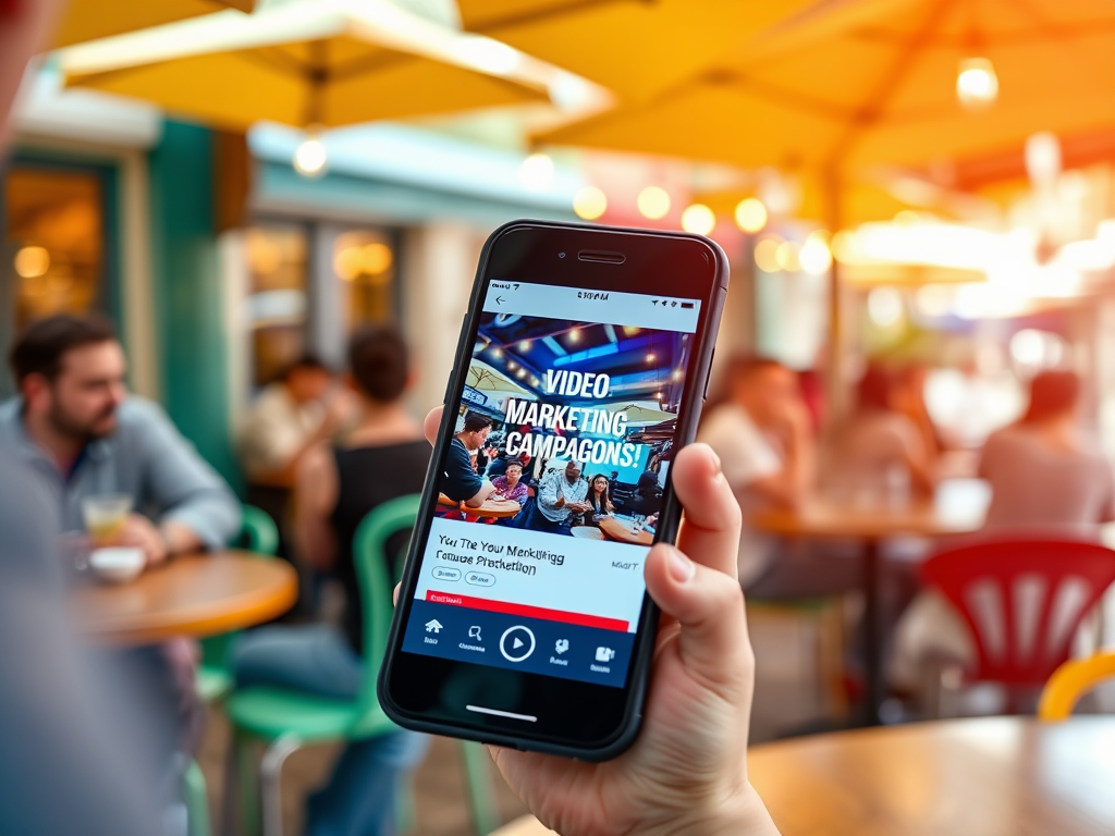 A person holds a smartphone displaying a video marketing campaign in a vibrant outdoor setting with people socializing.