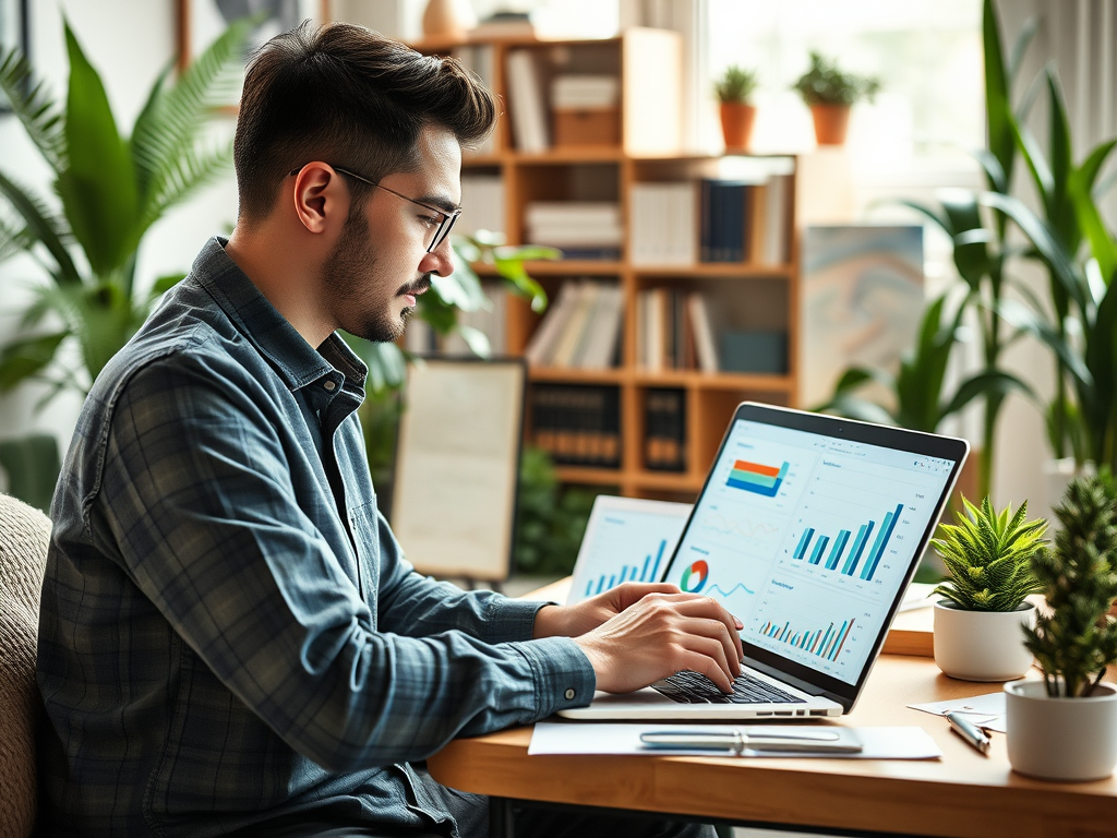 A man works on a laptop displaying graphs and data in a bright, plant-filled home office.