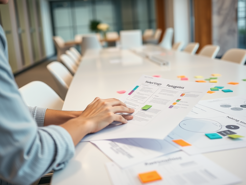 A person reviews printed documents on a table, surrounded by colorful sticky notes in a conference room.