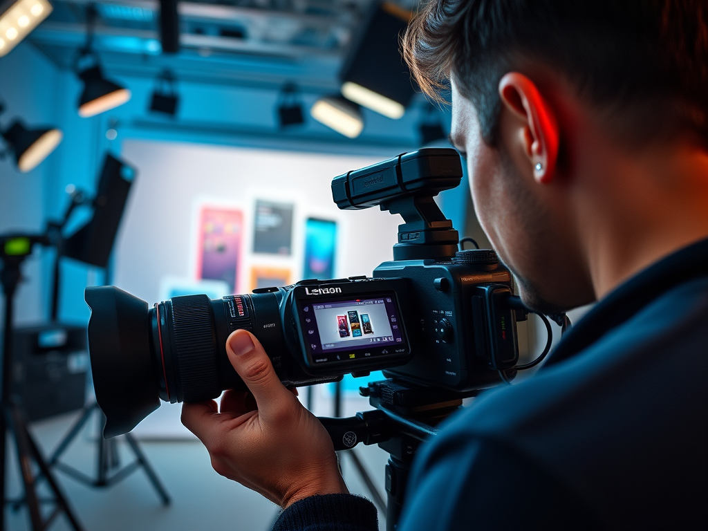 A person holds a video camera, focusing on a colorful display in a well-lit studio setting.