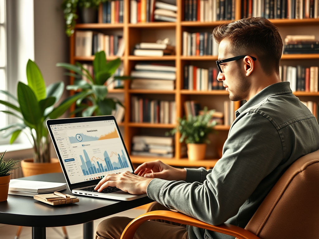 A young man works on a laptop at a desk, surrounded by bookshelves and plants in a cozy, well-lit room.