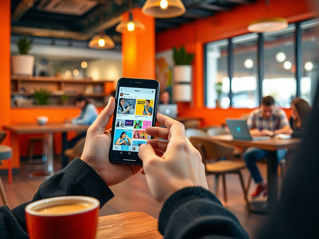 A person holding a smartphone in a café, browsing social media with a cup of coffee on the table.