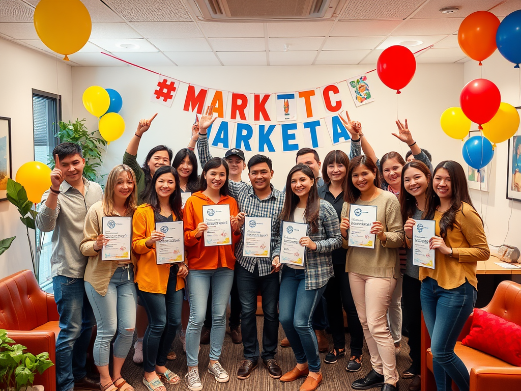 A group of people celebrate with certificates, balloons, and a banner reading "#MARKTTC ARKETA."