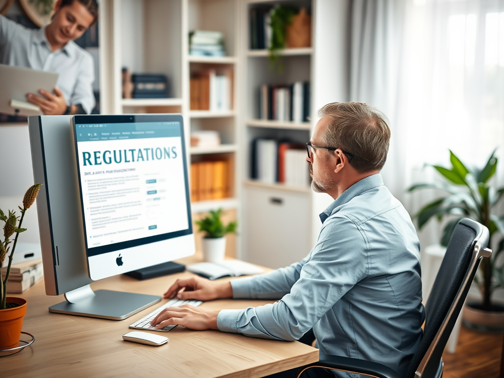 A man sits at a desk using a computer displaying "REGULATIONS," while another man stands behind him.