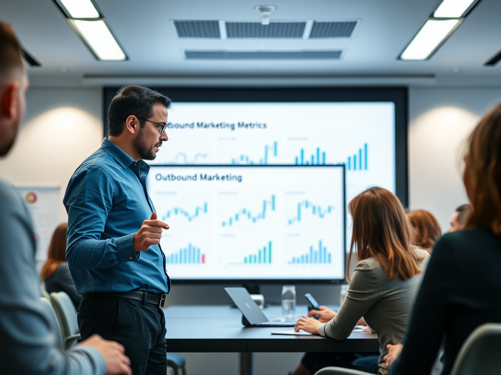 A business meeting where a presenter discusses outbound marketing metrics, with attendees focused on the screen.