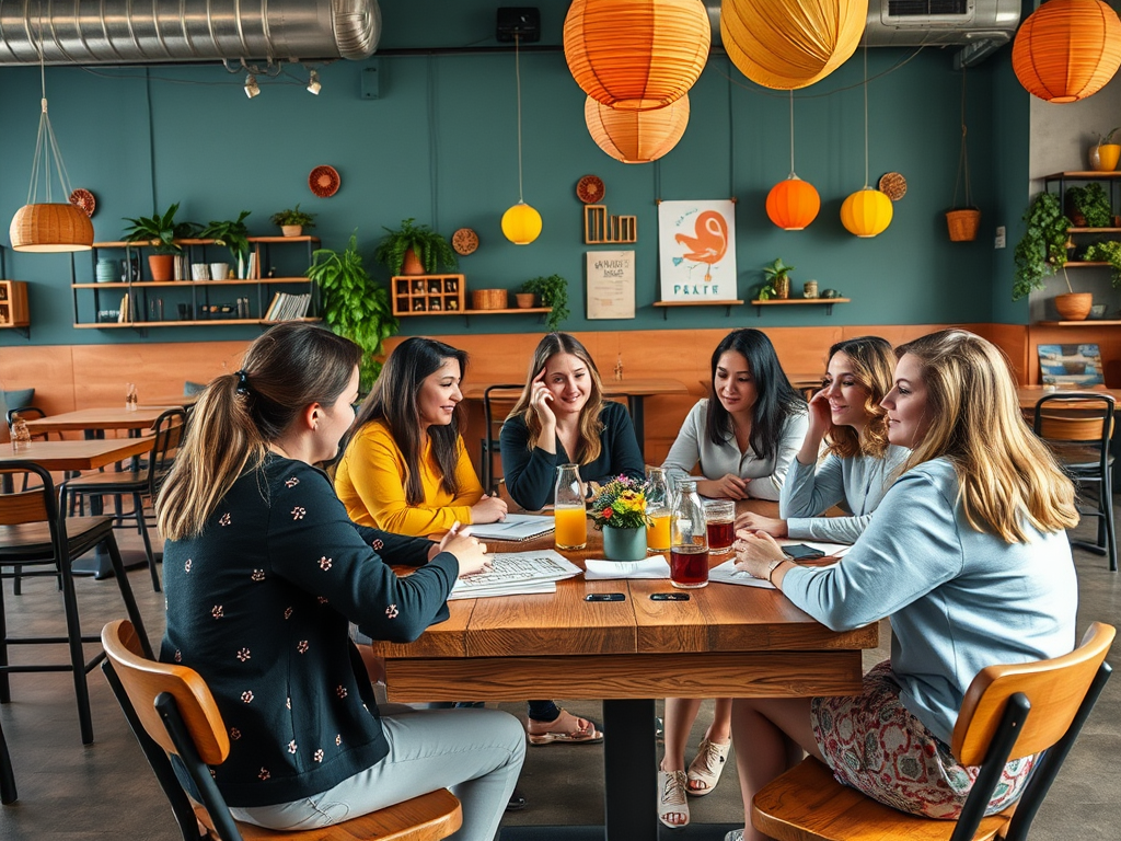 A group of six women sits around a wooden table in a cozy café, engaged in conversation and sharing drinks.