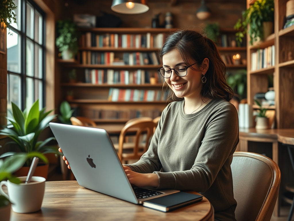 A woman in glasses smiles while using a laptop at a cozy café with bookshelves and plants in the background.