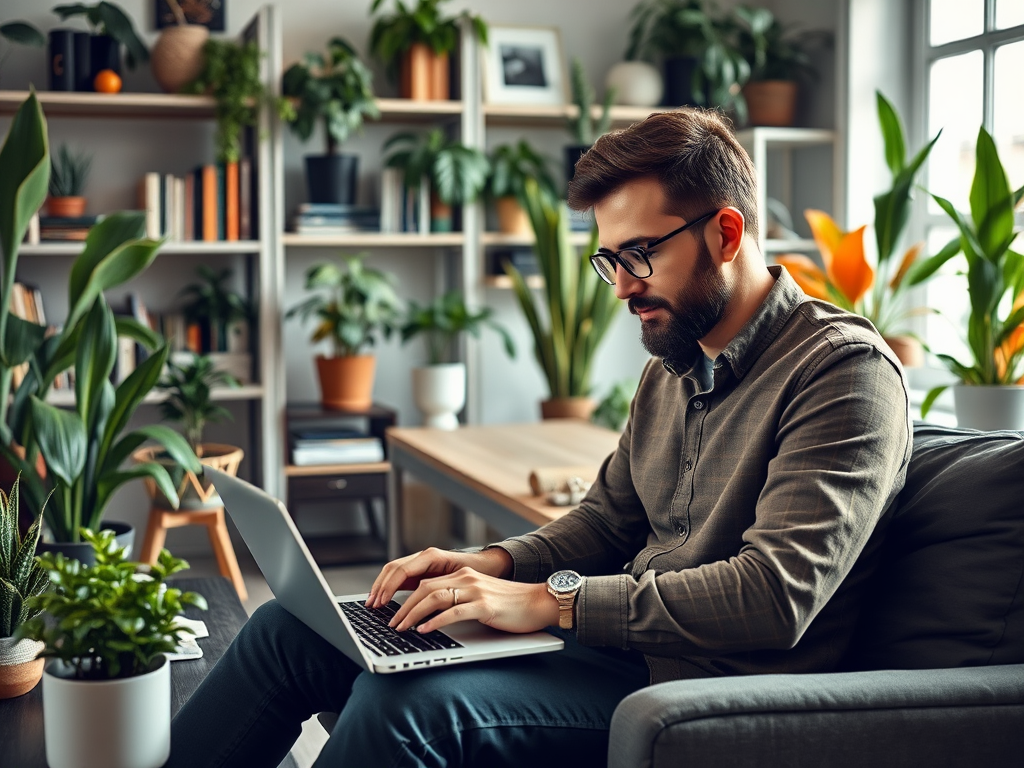 A man with a beard types on a laptop in a cozy room filled with indoor plants and bookshelves.