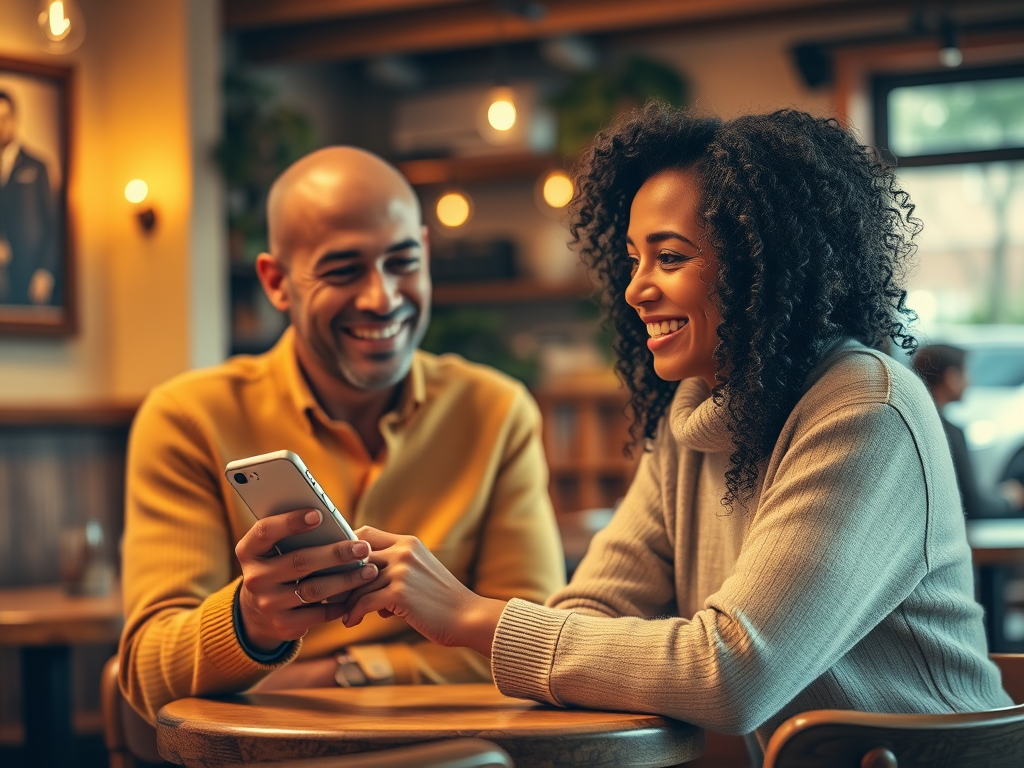 A smiling couple sits at a café, laughing together while looking at a smartphone. Warm, cozy atmosphere.