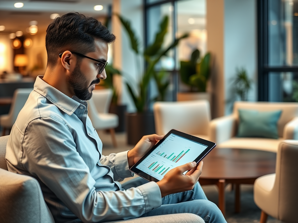 A man in a light shirt sits in a modern lounge, analyzing data on his tablet with bar graphs displayed.