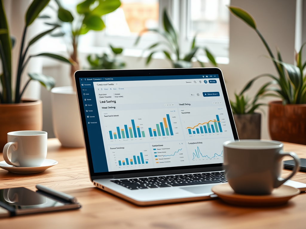 A laptop displaying data analytics, with coffee cups and plants in a bright, cozy workspace.