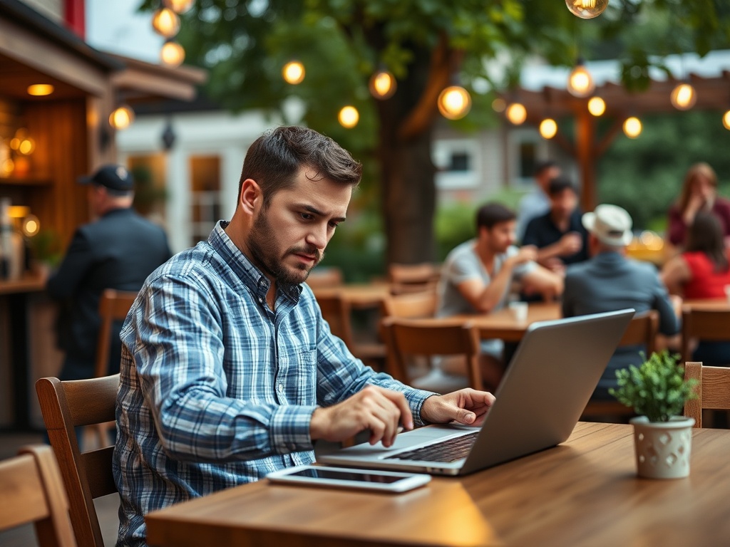 A man focuses on his laptop at an outdoor café, surrounded by patrons and warm hanging lights.