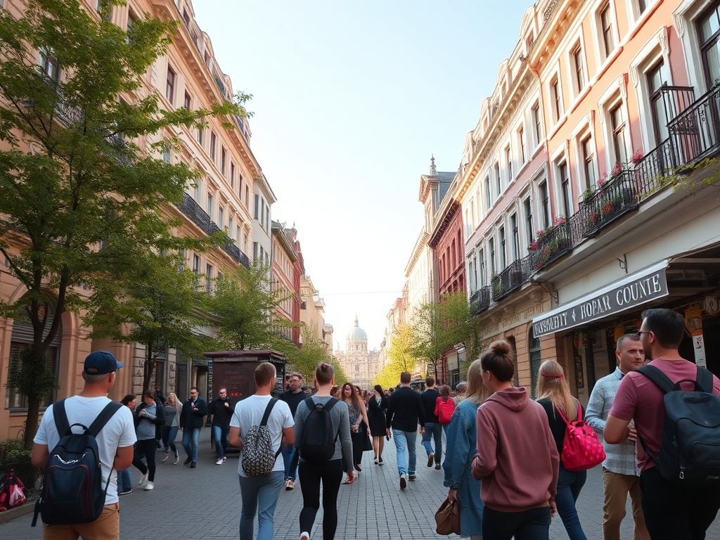 A busy street scene with people walking among colorful buildings and trees, leading to a distant dome structure.