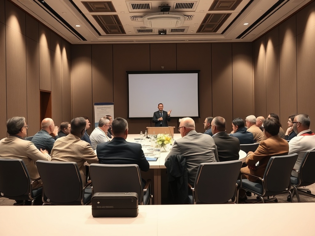 A group of professionals in a conference room engaged in a presentation at a large table.