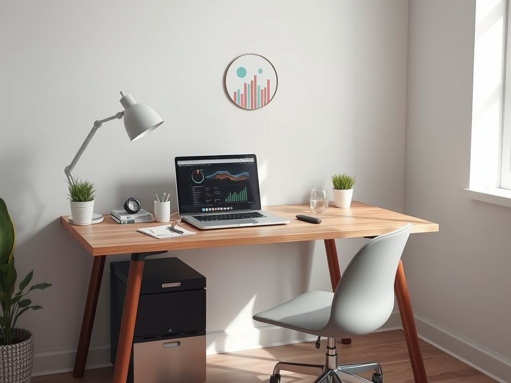 A modern workspace featuring a wooden desk, laptop, lamp, plants, and a wall decoration with simple graphs.