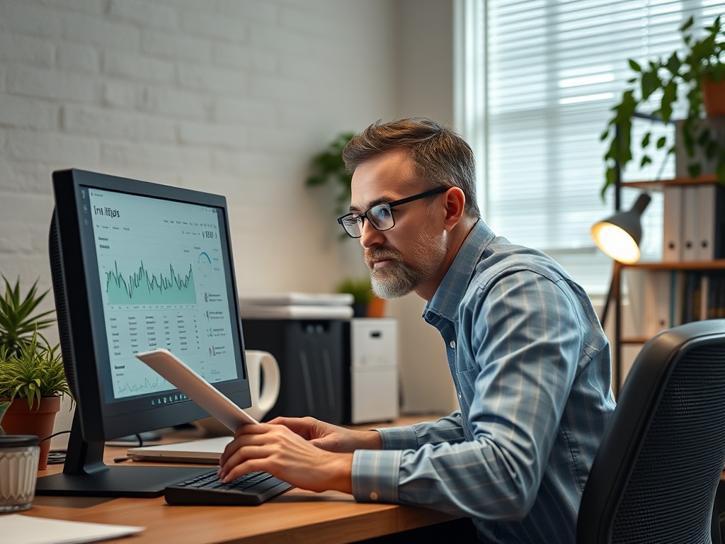 A man in a blue shirt focuses on a monitor displaying data graphs while holding a tablet in an office setting.